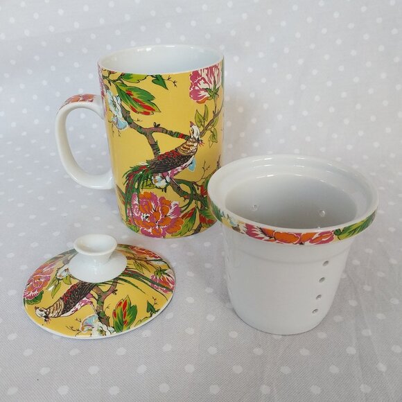 Cost Plus World Market Vintage Ceramic Peacock 3 pc. Tea Infuser Mug w/Lid - Picture 5 of 6